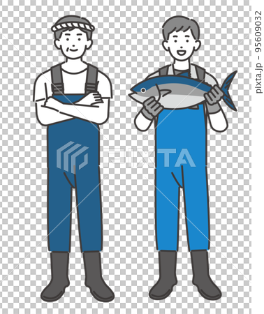 腕を組んだり、マグロを持つ漁師や水産業関係の男性のベクターイラスト素材／海鮮／水揚げ／第一次産業 95609032