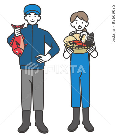 魚や貝やタイなどを持つ漁師や水産業関係の男女のベクターイラスト素材／海鮮／水揚げ／第一次産業 95609035