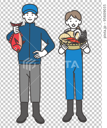 魚や貝やタイなどを持つ漁師や水産業関係の男女のベクターイラスト素材／海鮮／水揚げ／第一次産業 95609035