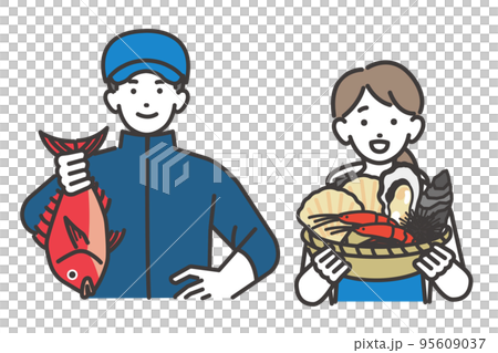 鯛を持ったり、魚や貝やなどを籠を持つ漁師や水産業関係の男女のベクターイラスト素材/海鮮/水揚げ/第一 鯛を持ったり、魚や貝やなどを籠を持つ漁師や水産業関係の男女のベクターイラスト素材/海鮮/水揚げ/第一 95609037