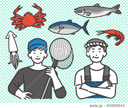 腕を組んだり、タモ網を持つ漁師や水産業関係の男性と魚介類のアイコンのベクターイラスト素材 95609042