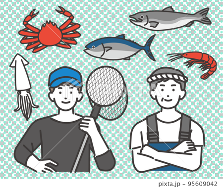 腕を組んだり、タモ網を持つ漁師や水産業関係の男性と魚介類のアイコンのベクターイラスト素材 95609042