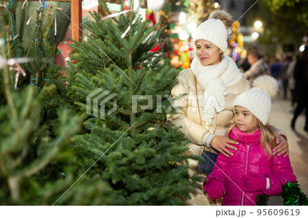 Pleasant woman with daughter buying Christmas tree in market Pleasant woman with daughter buying Christmas tree in market 95609619