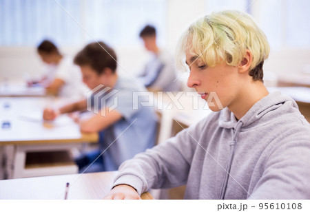 Focused teenage student writing lectures in classroom Focused teenage student writing lectures in classroom 95610108