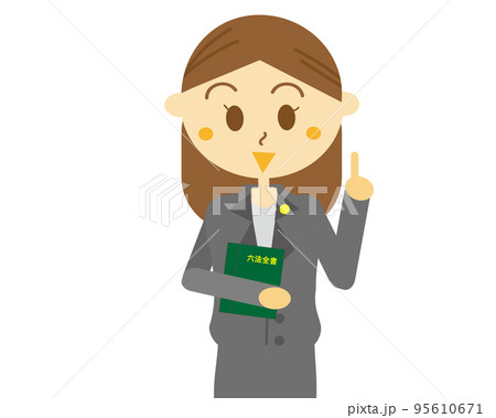 弁護士バッチを付けて指さしポーズをしている女性のイラスト 笑顔 スーツ 才色兼備 職場 六法全書のイラスト素材