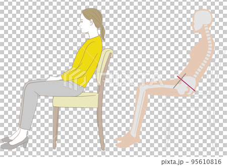 A woman and a skeleton figure sitting on a chair with a backrest 95610816