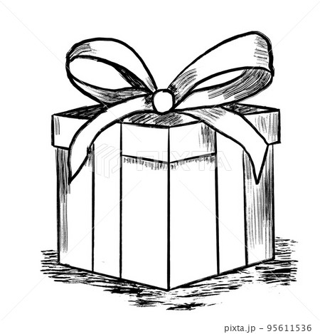 Hand drawn illustration of gift box present with ribbon bow, birthday surprise party celebration celebrate, discount sale. Black line ink sketch. 95611536