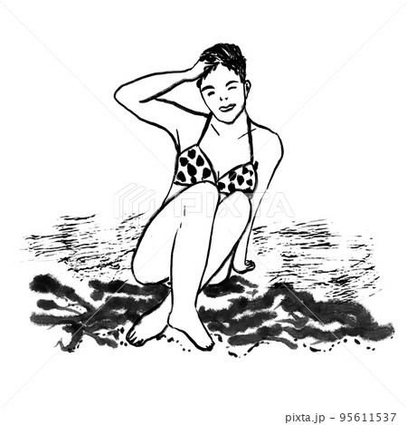 Hand drawn illustration of woman sitting on beack ocean sea, lady girl in bikini swimwear swimsuit on sand. Black line ink sketch. 95611537