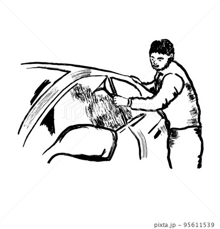 Hand drawn illustration of man washing cleaning car automobile. Car scraping service, window clean wash. Black line ink sketch. Hand drawn illustration of man washing cleaning car automobile. Car scraping service, window clean wash. Black line ink sketch. 95611539