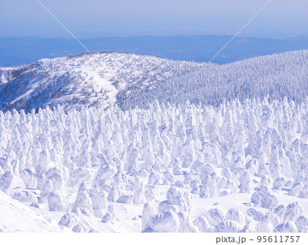 樹氷に覆われた山々を見渡す (山形県、蔵王山) 樹氷に覆われた山々を見渡す (山形県、蔵王山) 95611757
