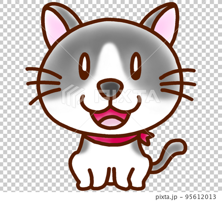 ゆるくてかわいい猫イラスト 笑顔のグレー白猫のイラスト素材