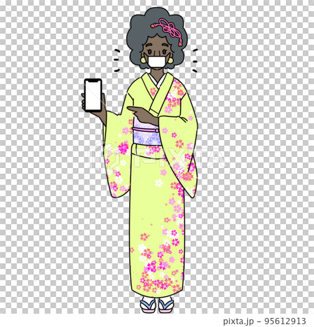 スマホを操作する着物を着た黒人女性 インバウンドやお祭りのイラスト マスクあり スマホを操作する着物を着た黒人女性 インバウンドやお祭りのイラスト マスクあり 95612913