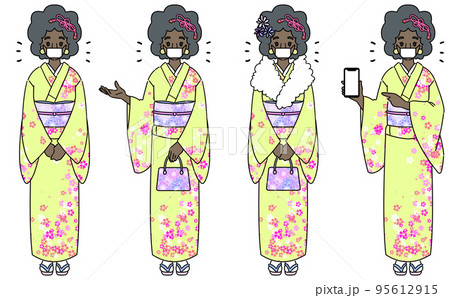 着物を着た黒人女性セット インバウンド、お祭りのイラスト マスクあり 着物を着た黒人女性セット インバウンド、お祭りのイラスト マスクあり 95612915