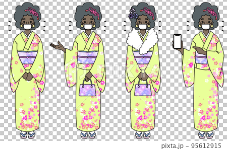 着物を着た黒人女性セット インバウンド、お祭りのイラスト マスクあり 着物を着た黒人女性セット インバウンド、お祭りのイラスト マスクあり 95612915