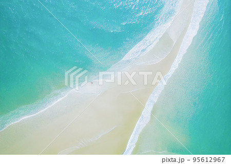 Relaxing aerial beach scene, summer vacation holiday template banner. Perfect aerial drone top view 95612967