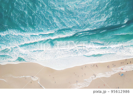 Relaxing aerial beach scene, summer vacation holiday template banner. Perfect aerial drone top view 95612986
