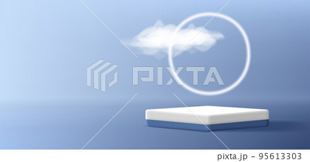 product showcase scene with square pedestal and neon circle with realistic cloud 95613303