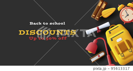 Back to school discounts with top view 3d illustration of backpack with books, desk lamp and clock 95613317