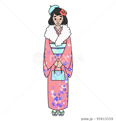 おしゃれな着こなしで着物を着た女性 マスクなし おしゃれな着こなしで着物を着た女性 マスクなし 95613539