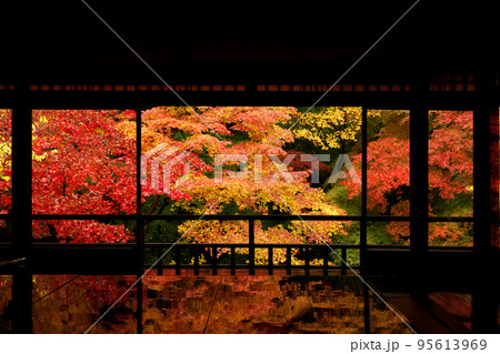雨の瑠璃光院　2階書院の紅葉と写経机のリフレクション 95613969