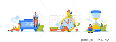 Time Management, Work Process Concept. Businesspeople around of Huge Clocks. Business Men and Women with Laptops 95614211