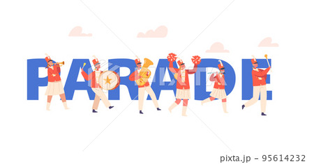 Kids Band In Red Uniform Marching On Parade Concept. Happy Girls And Boys Play Festival Music With Drum, Brass Horn 95614232