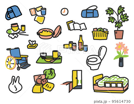 ヤングケアラーの周りにある雑事に関わる道具　素材　セット　イラスト素材 95614730
