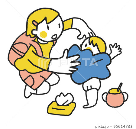 幼いきょうだいの生活の世話をするヤングケアラーの小学生　イラスト素材 95614733