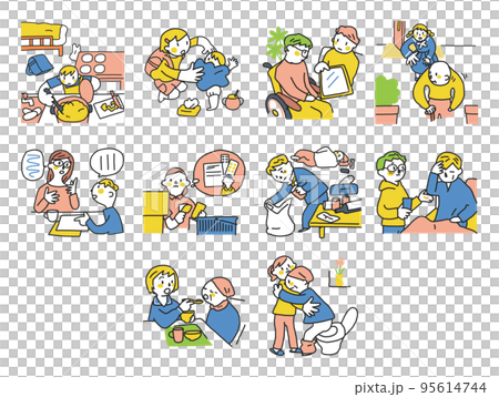 家族のケアを引き受け家族の世話、介護サポートを行うヤングケアラー達　セット　イラスト素材 95614744