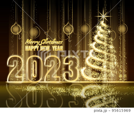 Merry Christmas and Happy New Year 2023, tree gold lights dust decoration, golden blurred magic glow on dark background. Merry Christmas holiday celebration. Vector illustration banner greeting card 95615969