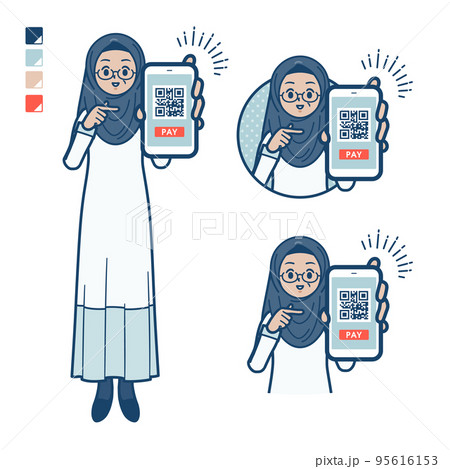シニアのアラビア人女性がスマートフォンでキャッシュレス決済しているイラスト 95616153