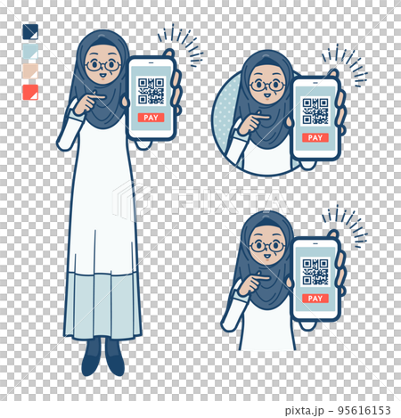 シニアのアラビア人女性がスマートフォンでキャッシュレス決済しているイラスト 95616153
