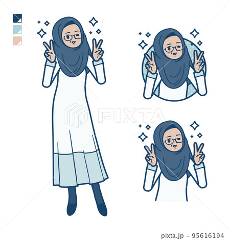 シニアのアラビア人女性がピースサインをしているイラスト 95616194