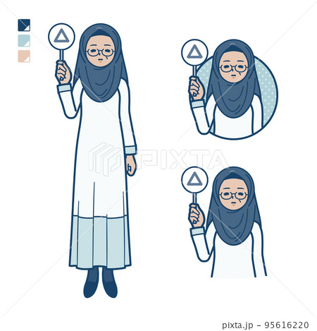 シニアのアラビア人女性が三角印パネルを出すイラスト シニアのアラビア人女性が三角印パネルを出すイラスト 95616220