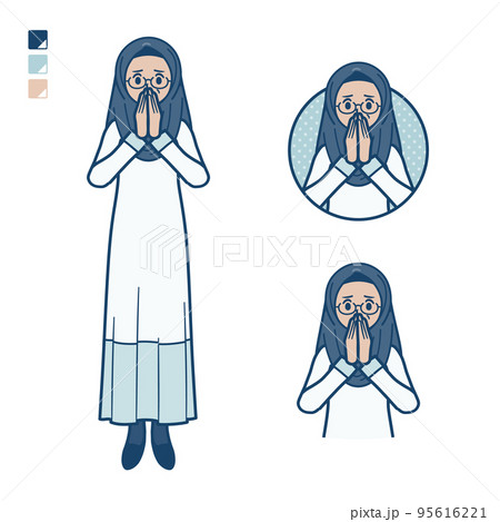 シニアのアラビア人女性が驚き不安な様子になっているイラスト シニアのアラビア人女性が驚き不安な様子になっているイラスト 95616221