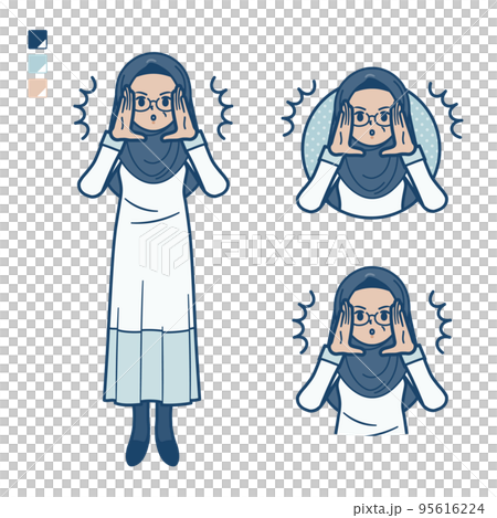 Illustration of a senior arabic woman warning loudly 95616224