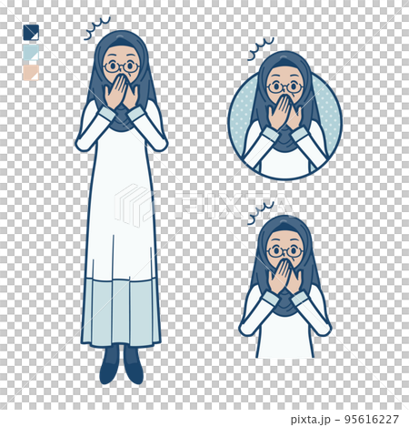 Illustration of a senior Arabic woman holding her mouth and being surprised 95616227