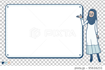 Illustration of a senior arabic woman guiding a frame board 95616231