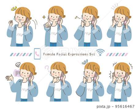 スマホで話す若い女性の色々な表情ベクターイラスト素材 95616467