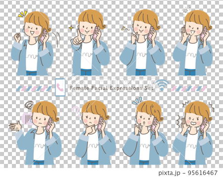 Various facial expressions vector illustration material of a young woman talking on a smartphone 95616467