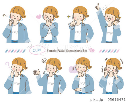 若い女性の色々な表情ベクターイラスト素材 95616471