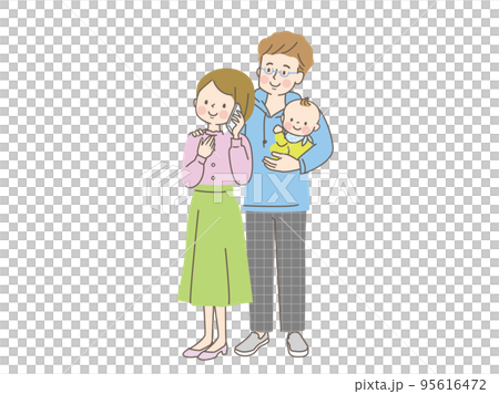 爸爸抱著嬰兒看著媽媽用智能手機打電話 95616472