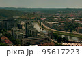 GLORY TO UKRAINE - SLAVA UKRAINI slogan on the riverbank of the river Neris in Vilnius, Lithuania. Aerial view 95617223