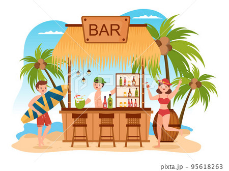Tropical Cocktail Bar Serving Alcoholic Fruit Juice Drinks or Cocktails by the Sea on Flat Hand Drawn Cartoon Template Illustration 95618263