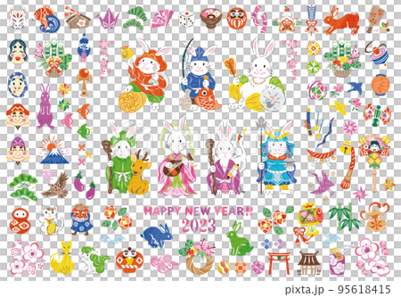 2023 Year of the Rabbit Rabbit Seven Lucky Gods, New Year, New Year's card material icon illustration set 2023 Year of the Rabbit Rabbit Seven Lucky Gods, New Year, New Year's card material icon illustration set 95618415