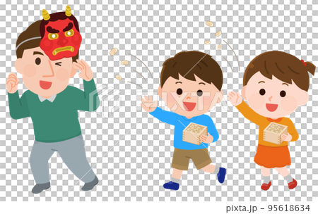 Illustration of a father dressed as a red demon and children throwing beans 95618634