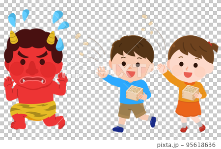 孩子們向 Akaoni 扔豆子的節分插圖 95618636