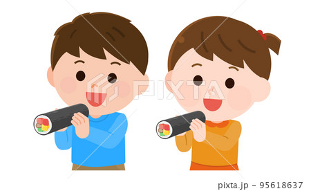 節分 恵方を向いて恵方巻きを食べる子どもたち イラスト 節分 恵方を向いて恵方巻きを食べる子どもたち イラスト 95618637