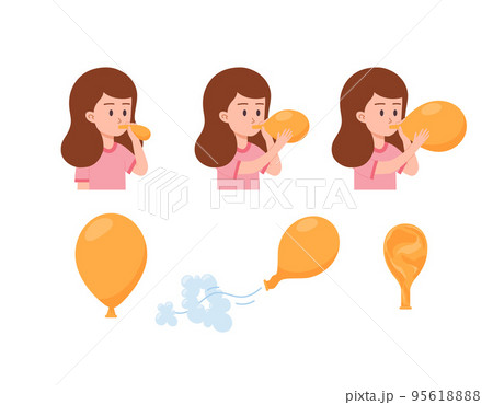 Child girl inflates a balloon step by step, flat vector illustration isolated. 95618888