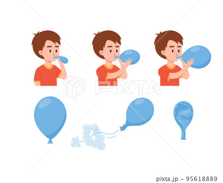 Little boy inflates balloon, rubber balloon blowing process - flat vector illustration isolated on white background. Little boy inflates balloon, rubber balloon blowing process - flat vector illustration isolated on white background. 95618889